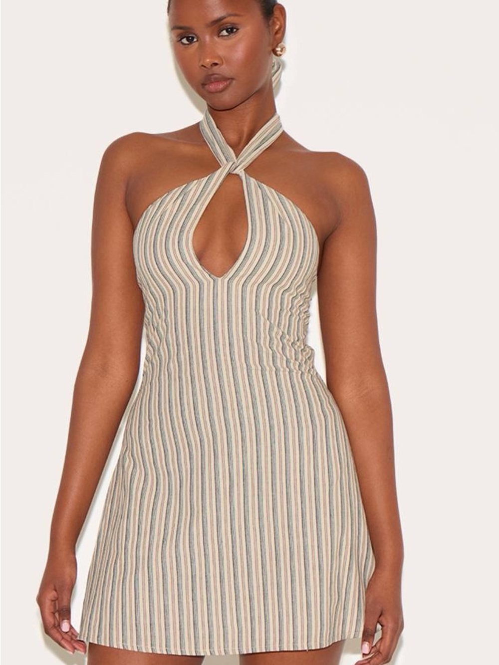 PrettyLittleThing Striped Halter Keyhole Mini Dress in Beige & Blue